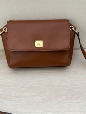 Lauren Ralph Lauren Tan Pebble Leather Crossbody with Gold Plaque